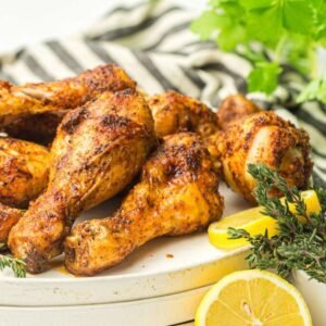 Air Fryer Chicken Drumsticks with fresh herbs and lemon slice.