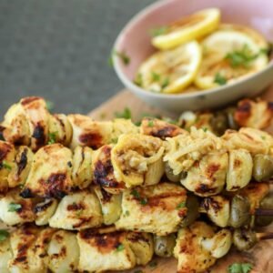 Mustard Chicken Kebab with slices of lemon