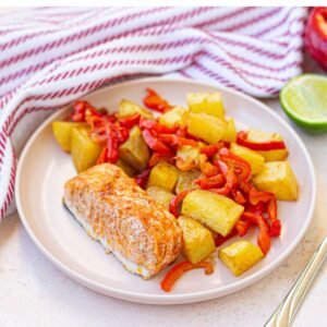 Lime Salmon with Roasted Vegetables in a plate