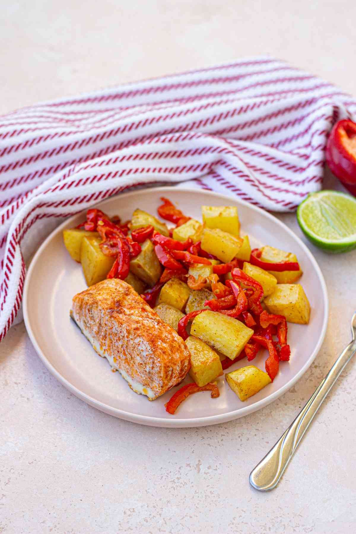 ready to be served Lime Salmon with Roasted Vegetables