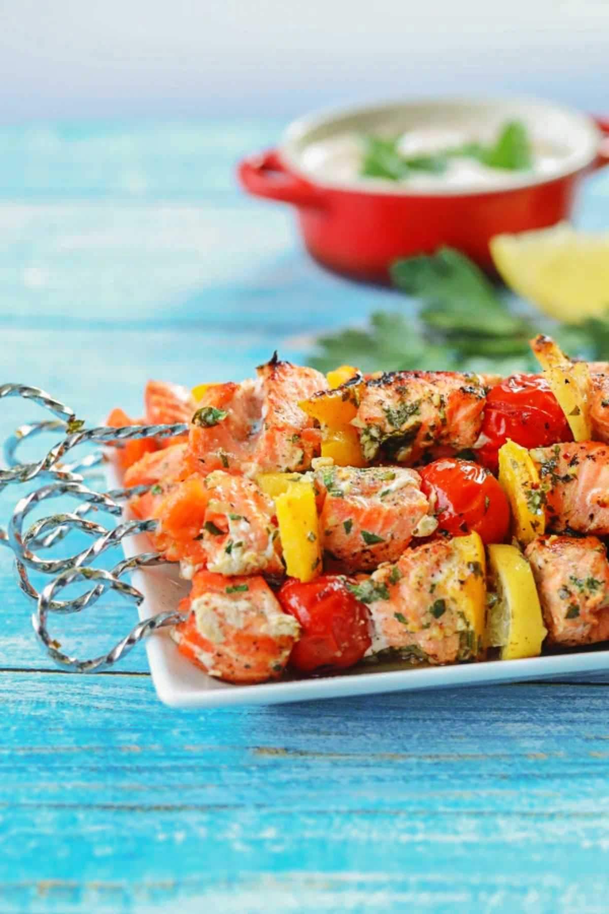 Grilled Salmon Skewers close up